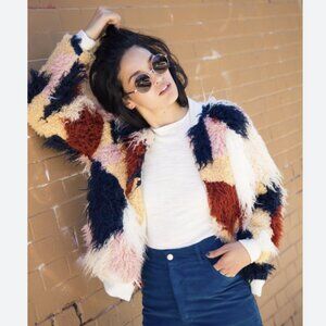 Nico Nico Spirit Faux Fur Bomber Jacket Multi Shaggy Full Zip Size Medium